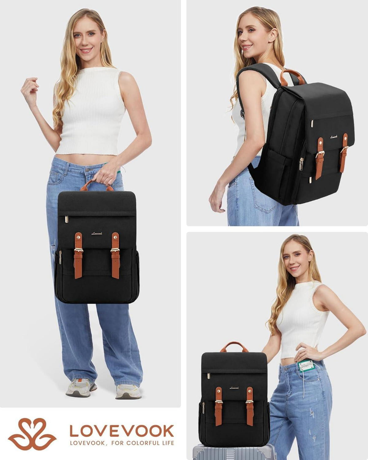 Schulrucksack Damen Herren Schwarz 15.6 Zoll Laptop Daypack