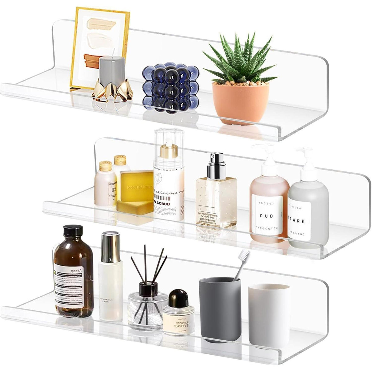 3er Set Wandregal Acryl Transparent ohne Bohren 30cm