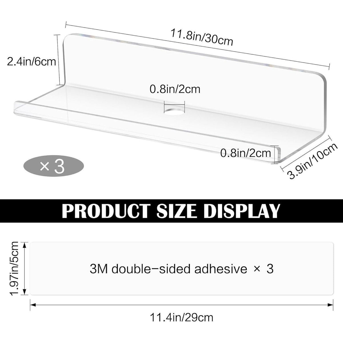3er Set Wandregal Acryl Transparent ohne Bohren 30cm