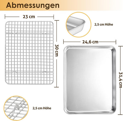 Großes Edelstahl Backblech mit Abkühlgitter Set, 31,4 x 24,6 cm