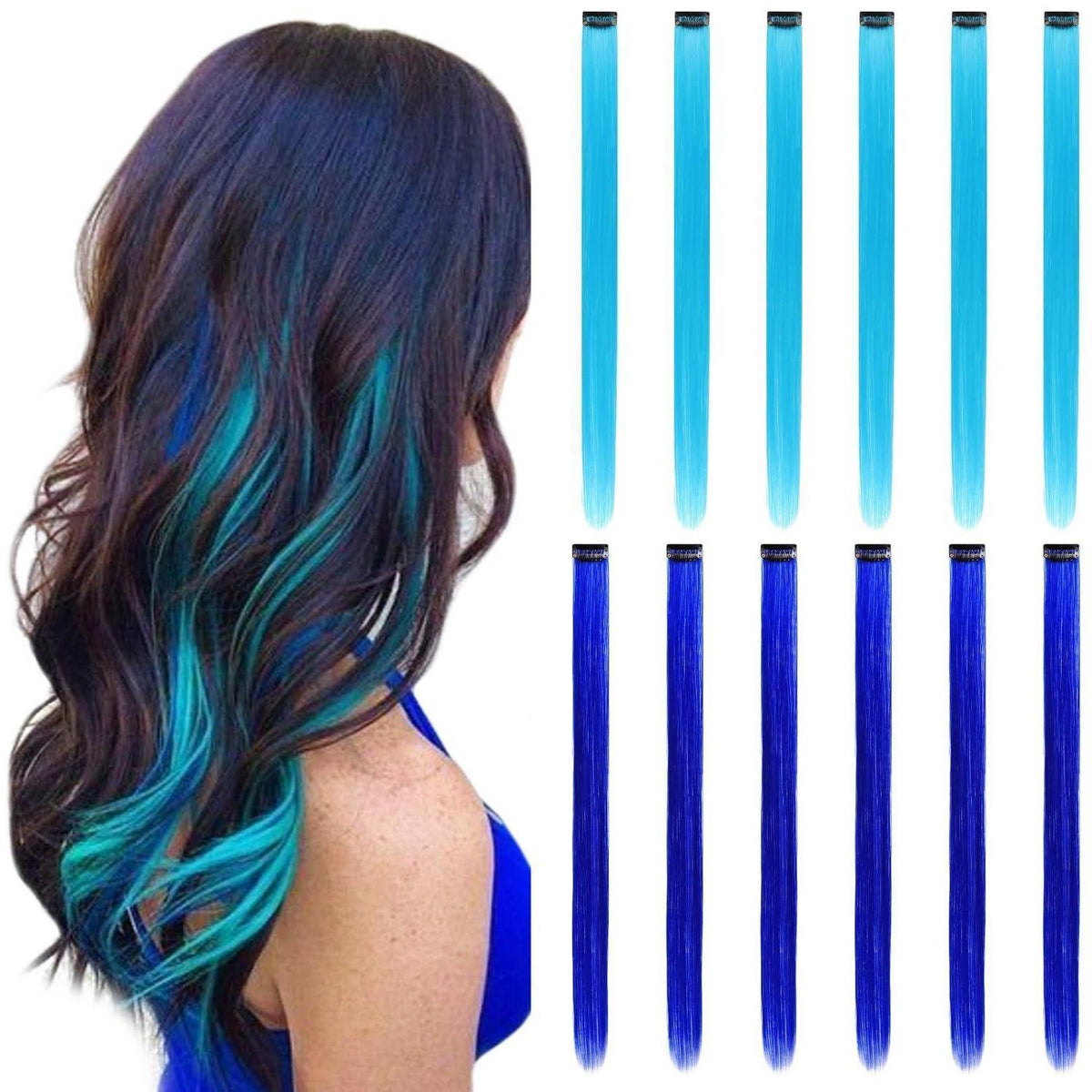 Clip-in Haarverlängerungen Blau & Türkis, 55cm, 12er Set