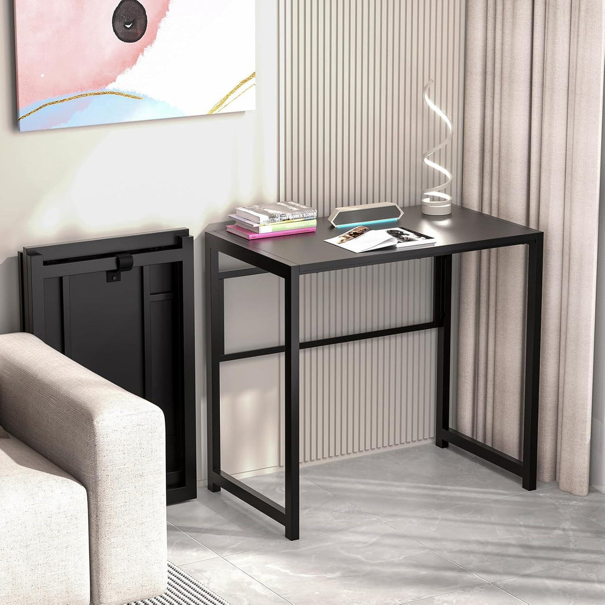 Klappbarer Schreibtisch 80 x 48 cm Schwarz Stabiler Metallrahmen ohne Montage