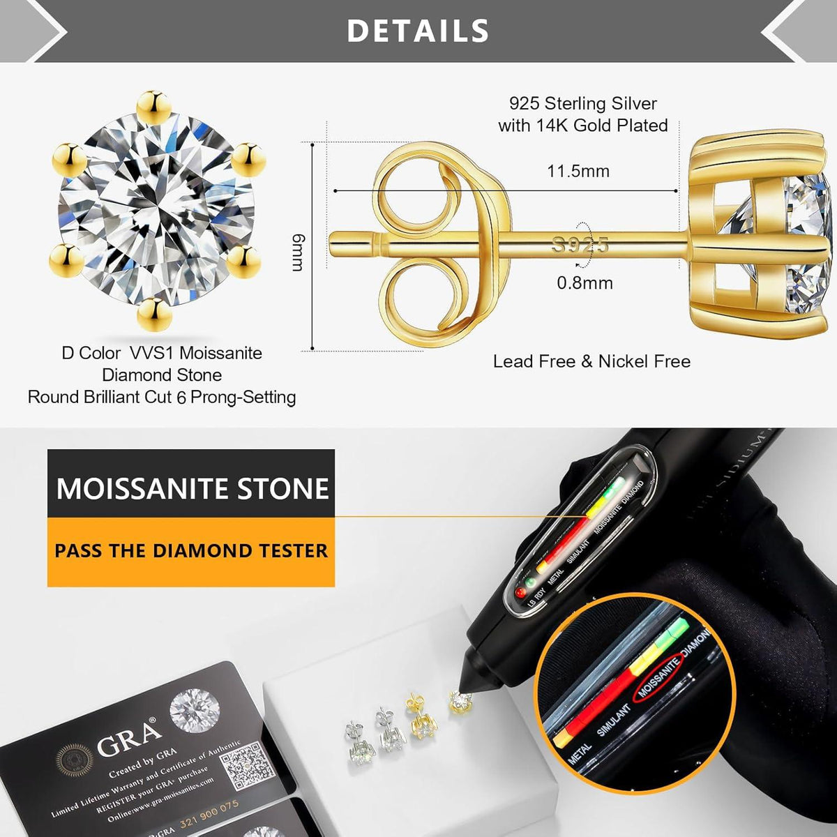 Moissanite Ohrstecker Silber 925 Damen 3,0ctw VVS1 D 7,5mm