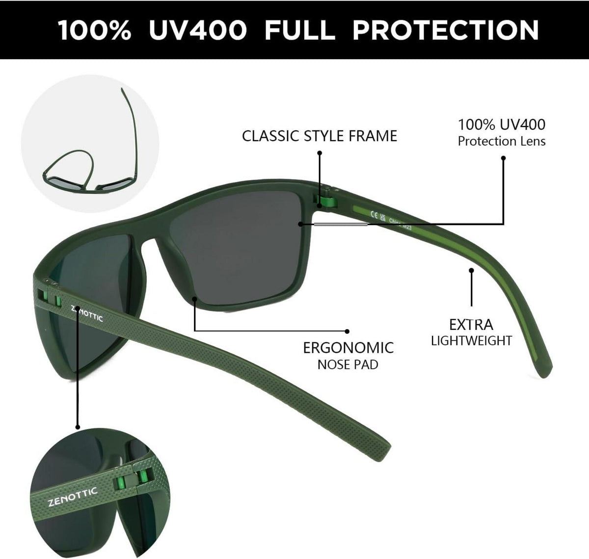 Polarisierte TR90 Herren Sonnenbrille Quadrat UV400 Grüner Rahmen/Lila Gläser