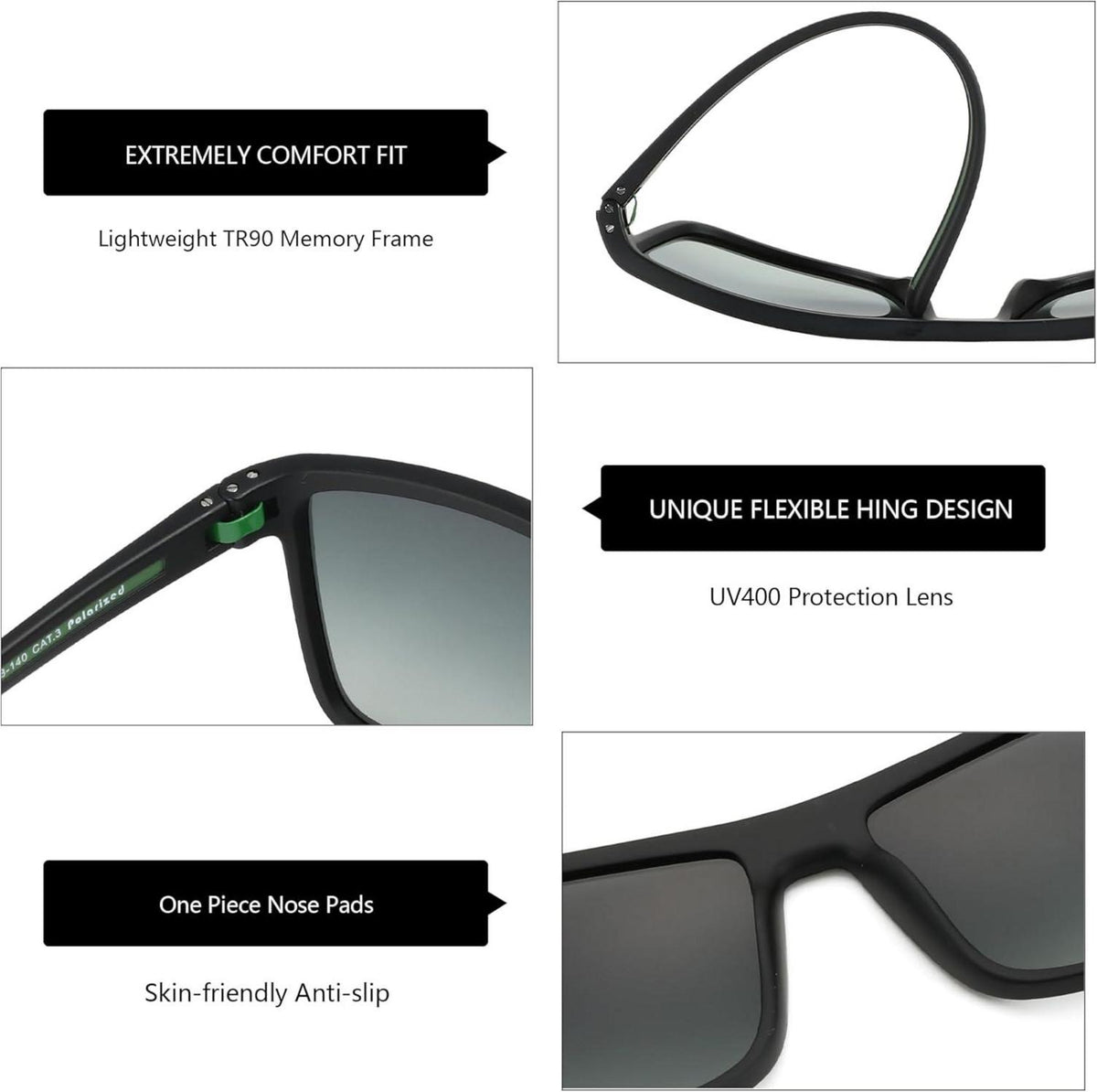 Herren Sonnenbrille Polarisiert TR90 Rahmen UV400 Schutz Schwarzer Rahmen Grünes Objektiv