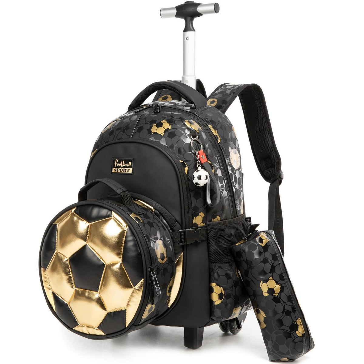 Schultrolley Rucksack mit Rollen – Kinderrucksack Schwarz Fußball
