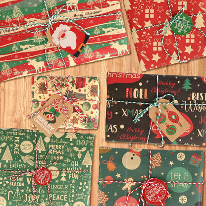 10 Blatt Kraft Geschenkpapier Weihnachten Set mit Band und Etiketten