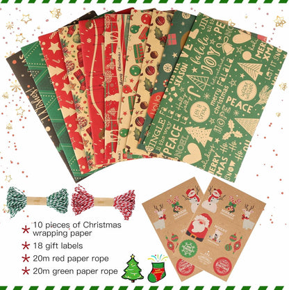 10 Blatt Kraft Geschenkpapier Weihnachten 50x70cm mit Band Etiketten Karten und Klebeband Gelb
