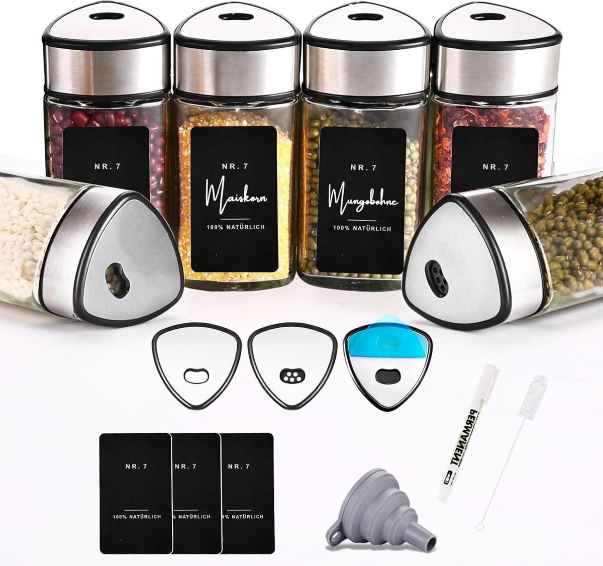 6er Set Gewürzgläser Dreiecksform 100 ml Schwarz9045