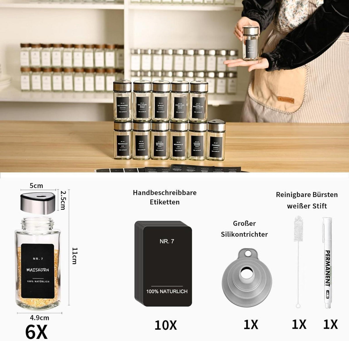 6 Gewürzdosen Set, 100 ml Glas, Dreiecksform, elegant, 2 Gewürzlöcher, Drehdeckel