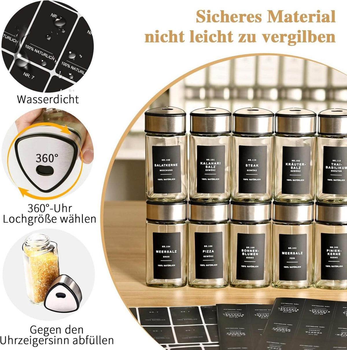 6er Set Gewürzgläser Dreiecksform 100ml Drehdeckel Schwarz