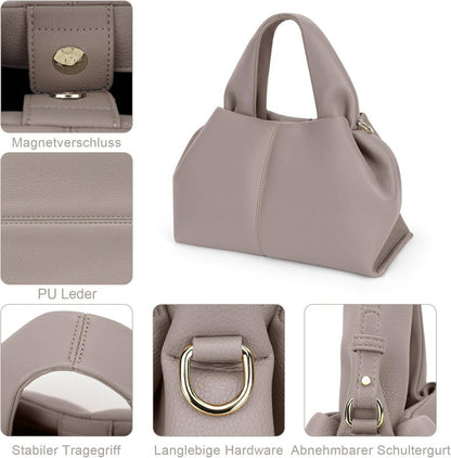 Damen Handtasche Vintage PU Leder Umhängetasche Einfarbig Clutch Grey