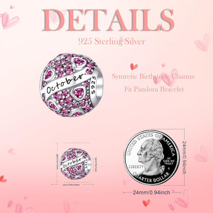 925 Sterling Silber Geburtsstein Charm Anhänger - Oktober Herz Zirkon