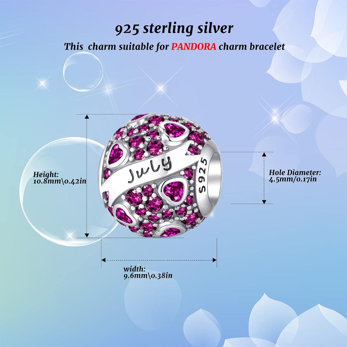 Symretie Damen Geburtsstein Charm Anhänger 925 Sterling Silber Birthstone Bead C-Runde Perlen-July