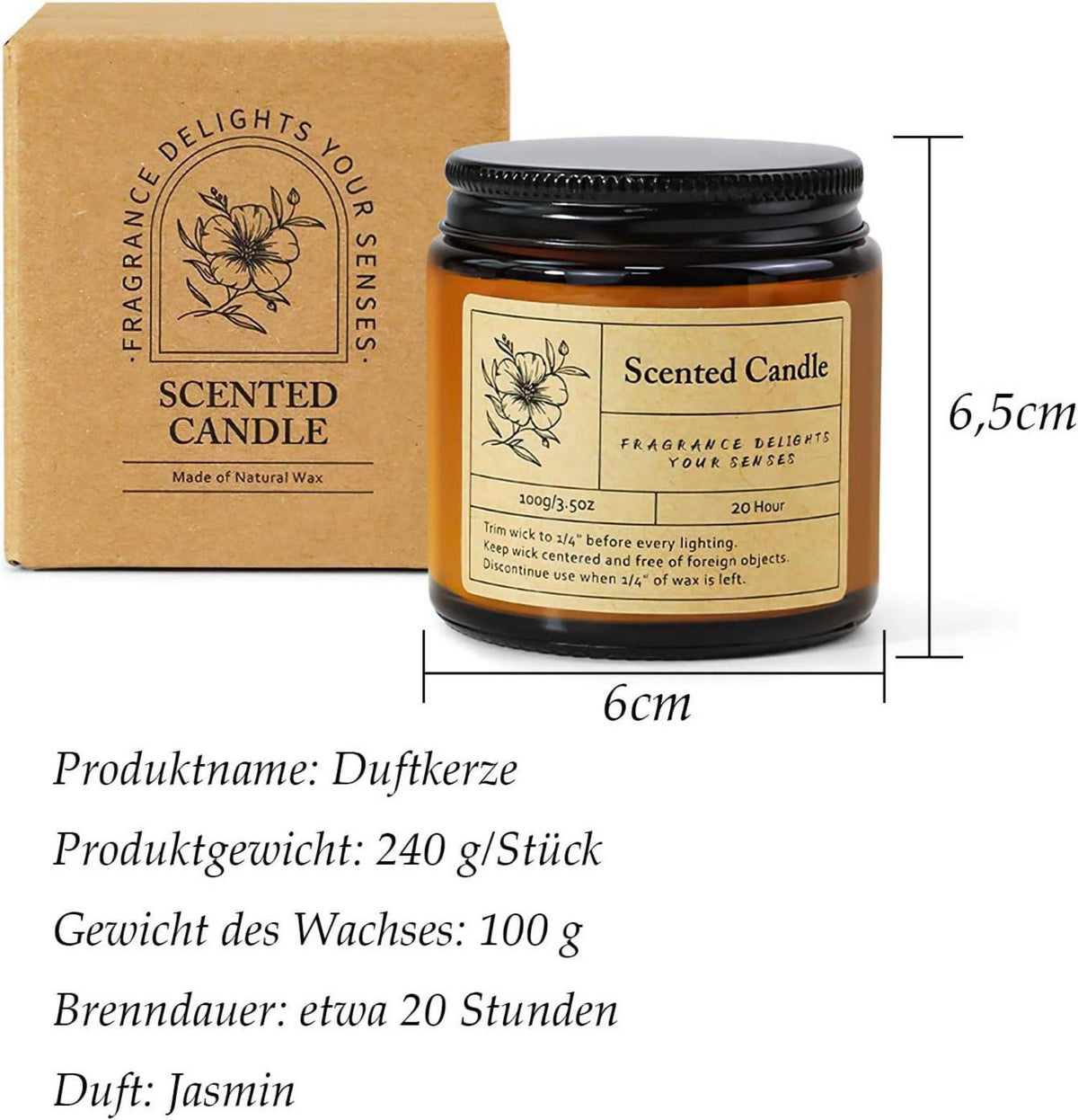 Duftkerze Jasmin 240g im Glas - Handgemachte Sojawachs Kerze