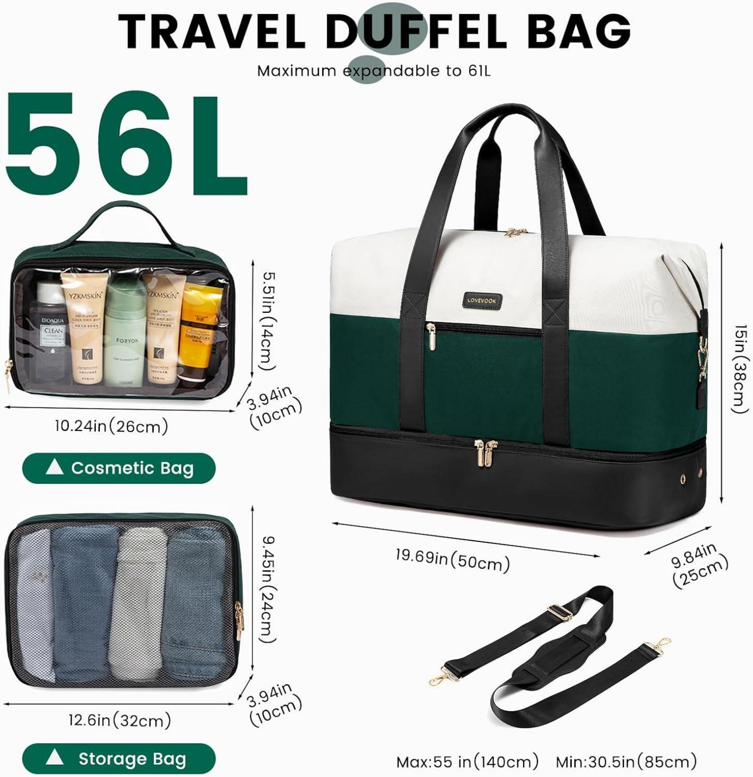 LOVEVOOK Damen Reisetasche Weekender Handgepäck mit Kulturtasche, Dunkelgrün