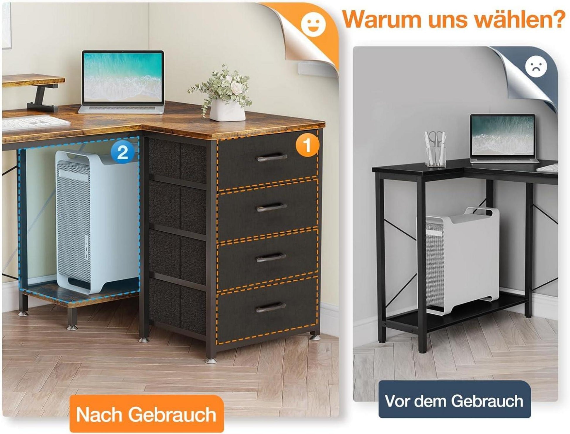 Eckschreibtisch 160x80cm mit 4 Schubladen USB LED Braun Home Office