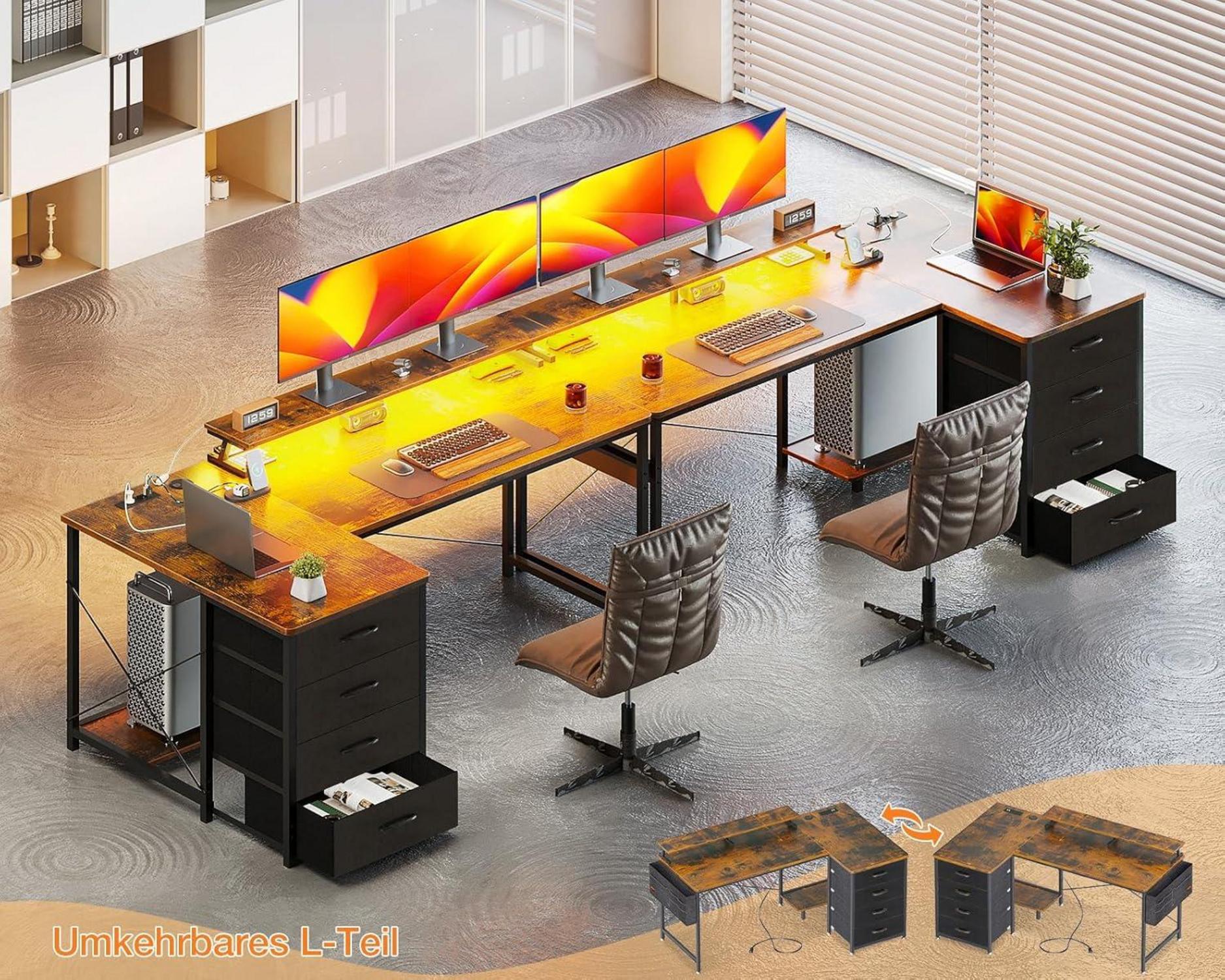 ODK Eckschreibtisch mit LED, USB, Monitorständer, Braun