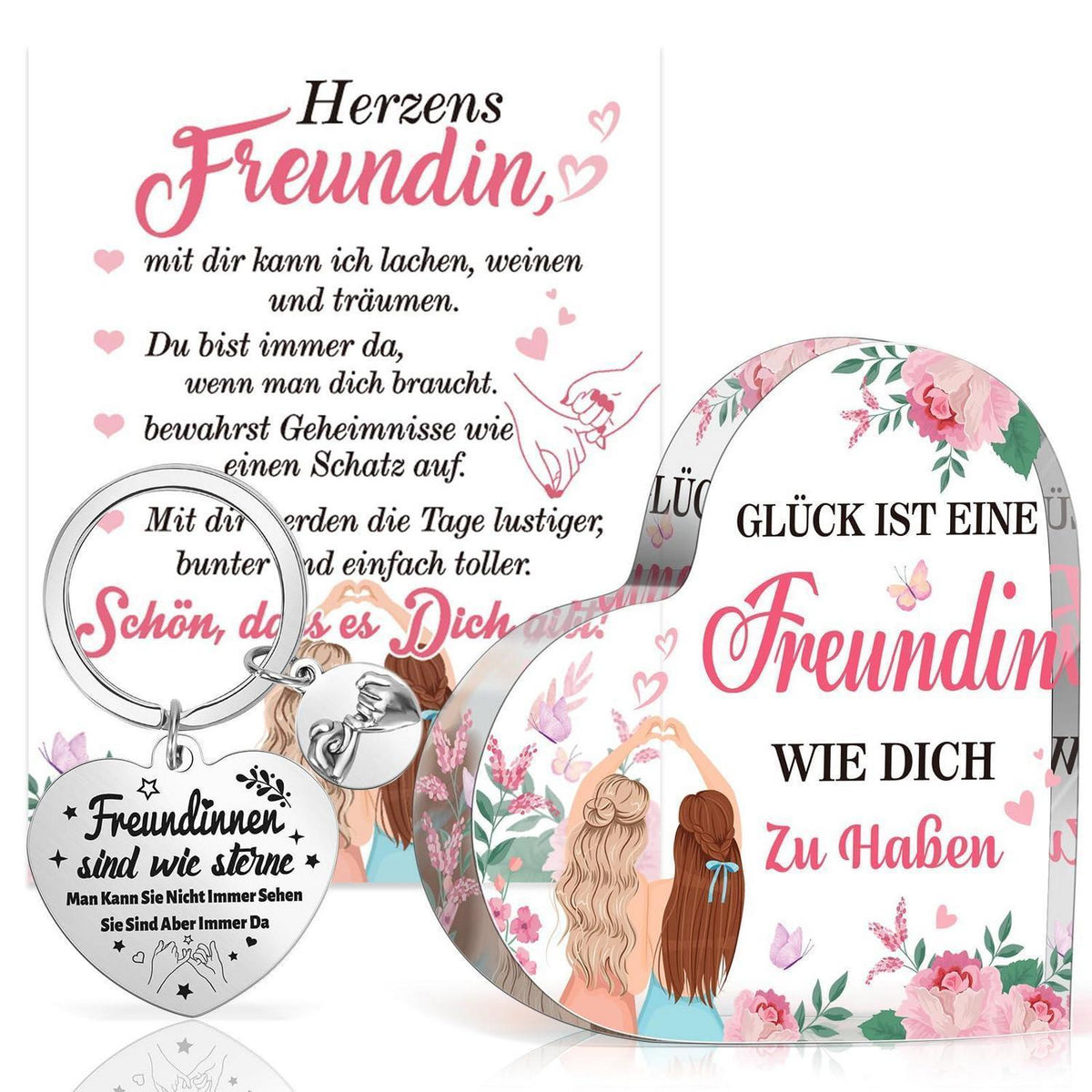 Freundin Geschenk Set: Schlüsselanhänger, Acryl Deko & Karte
