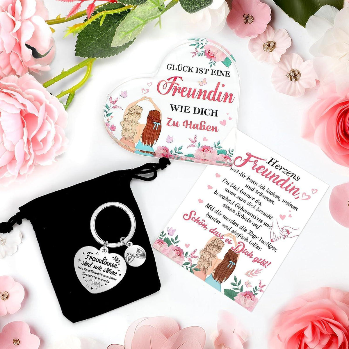 Freundin Geschenk Set: Schlüsselanhänger, Acryl Deko & Karte