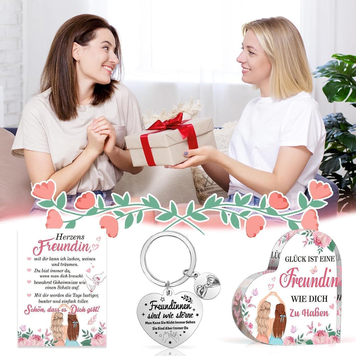 Freundin Geschenk Set: Schlüsselanhänger, Acryl Deko & Karte