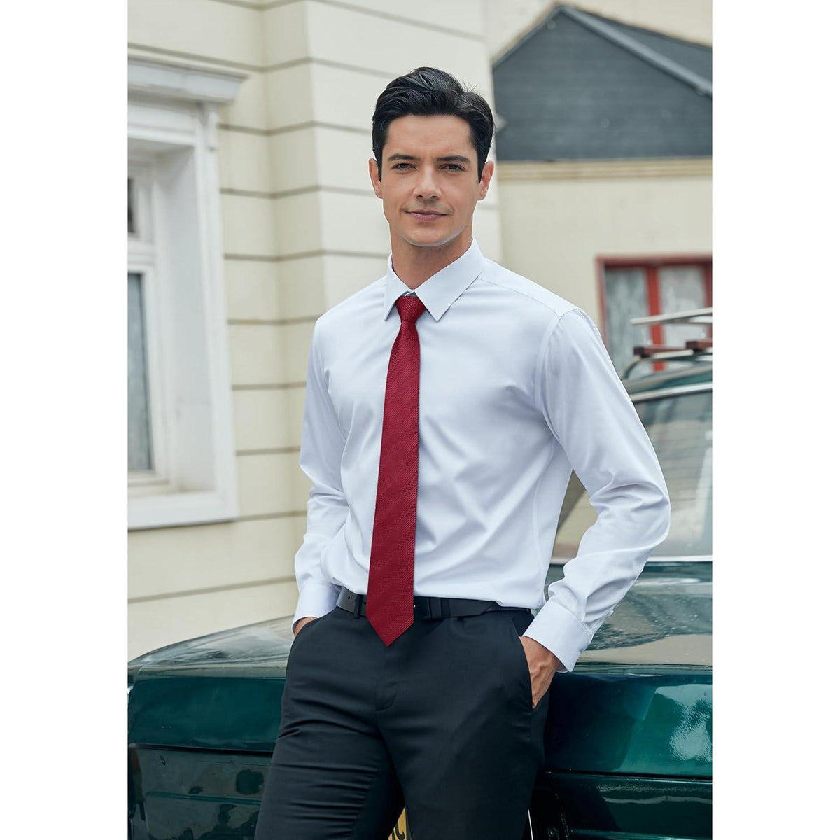 Krawatten-Set Herren mit Einstecktuch, Weinrot Streifen