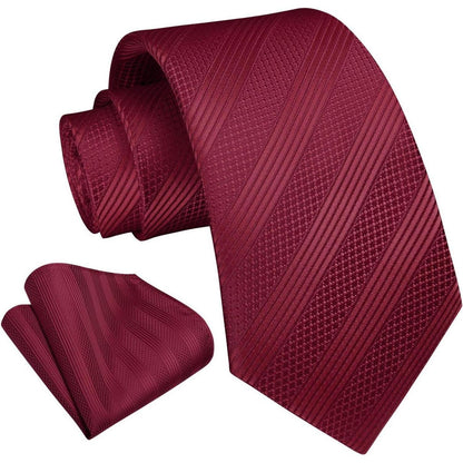 Krawatten-Set Herren mit Einstecktuch, Weinrot Streifen