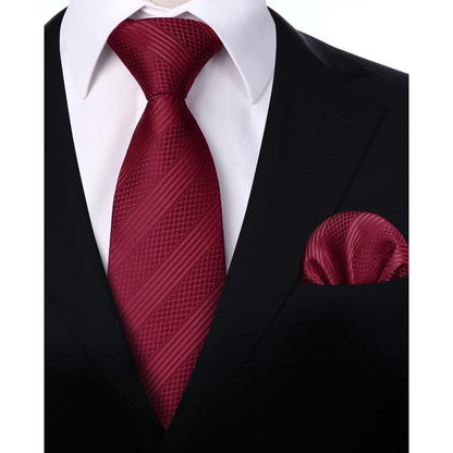 Krawatten-Set Herren mit Einstecktuch, Weinrot Streifen