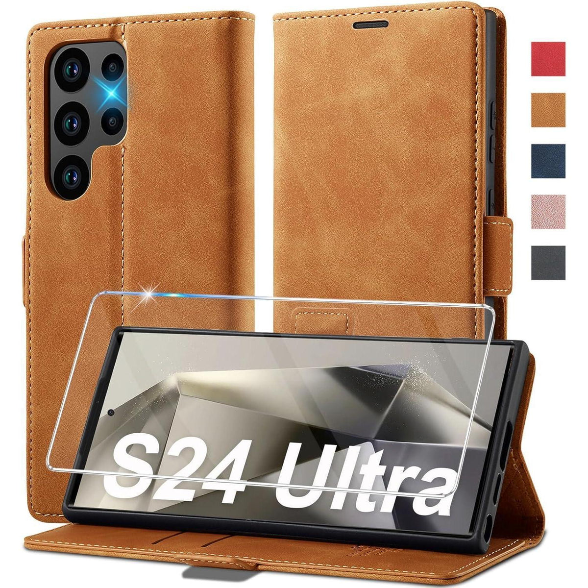 Samsung Galaxy S24 Ultra Klapphülle mit Schutzfolie & Kartenfächern in Lederoptik