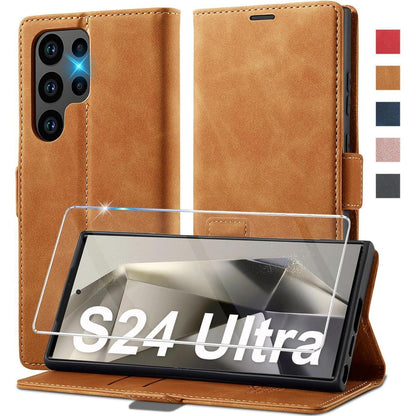 Samsung Galaxy S24 Ultra Klapphülle mit Schutzfolie & Kartenfächern in Lederoptik