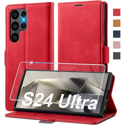 Samsung Galaxy S24 Ultra Klapphülle mit Schutzfolie & Kartenfächern in Lederoptik