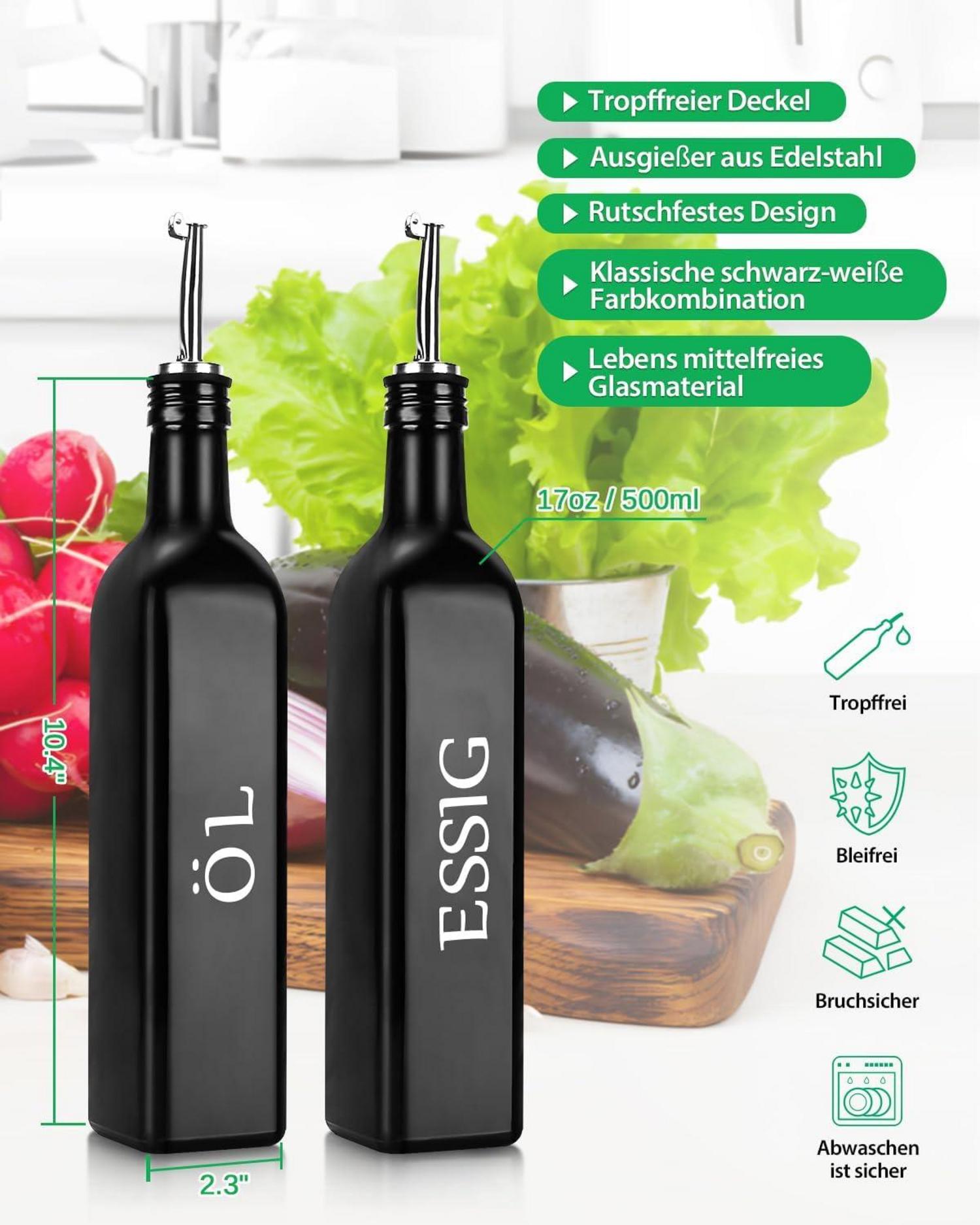 Öl Essig Spender Flasche 500ml Glas-Set Edelstahl-Ausguss Schwarz 2-teilig