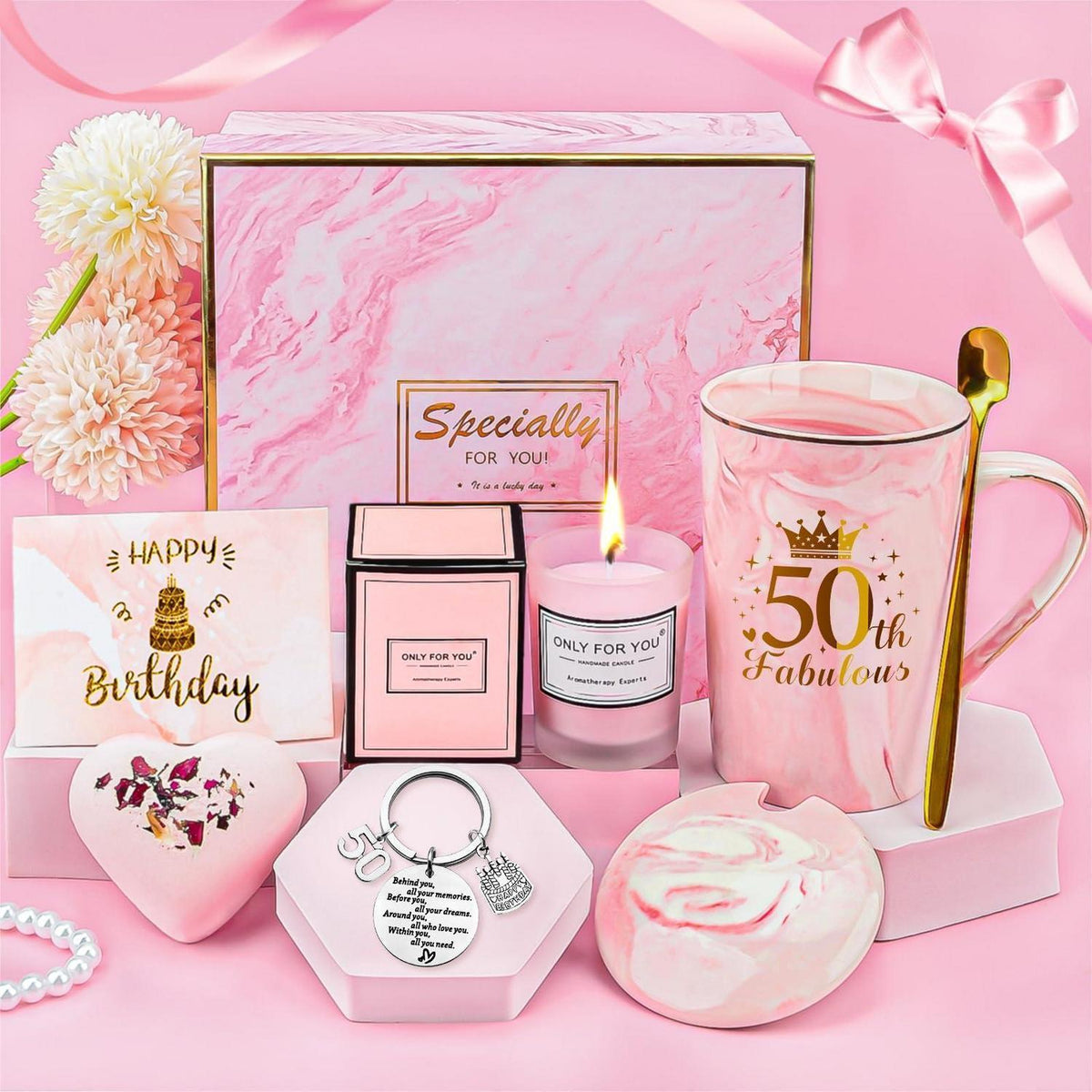 Geschenkset 50. Geburtstag Frau | Rosa mit Tasse & Wellness