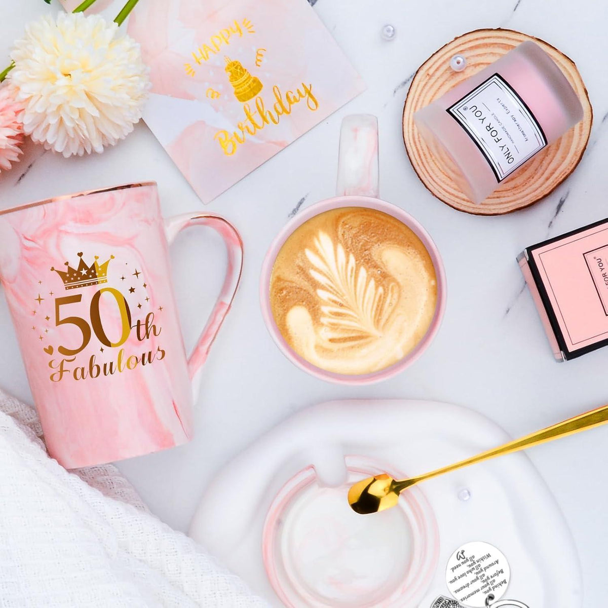 Geschenkset 50. Geburtstag Frau | Rosa mit Tasse & Wellness
