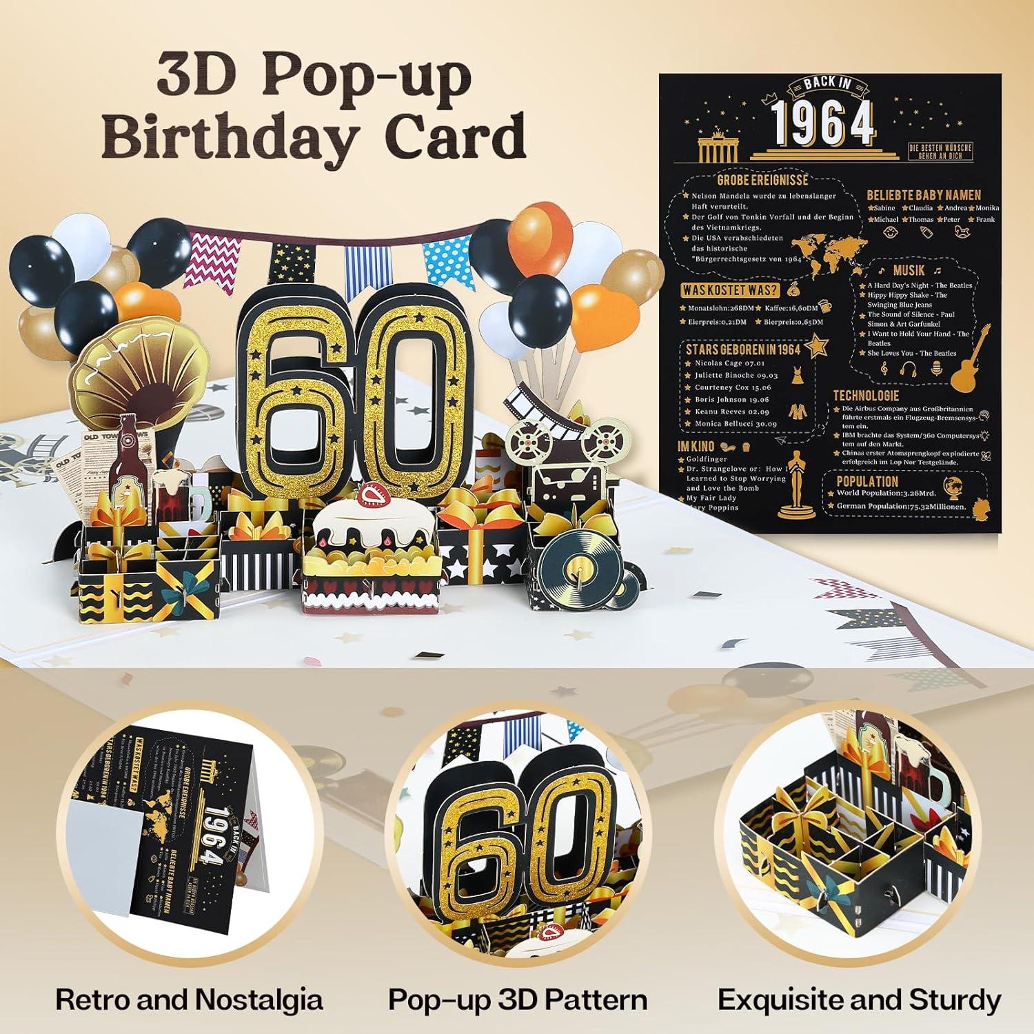 Joyoldelf 3D Pop Up Geburtstagskarte 60 Geburtstag 1964 Jahrgang Männer Frauen