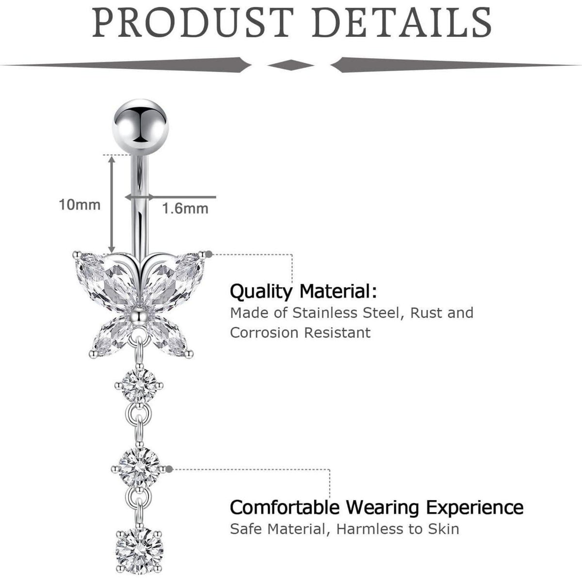 Bauchnabelpiercing 3er Set 10mm Chirurgenstahl Silber Gold Herz Schmetterling