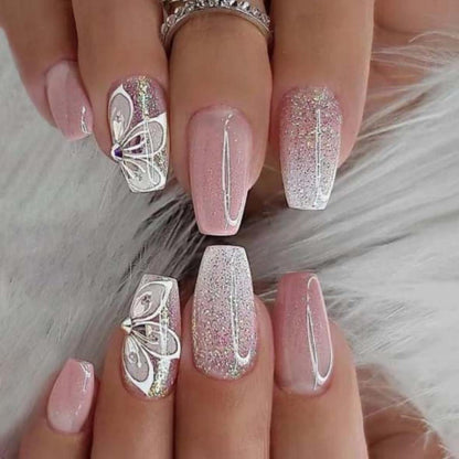 24 Weiße Sargnägel mit Schmetterling – Pink French Press On Nails