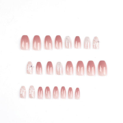 24 Weiße Sargnägel mit Schmetterling – Pink French Press On Nails