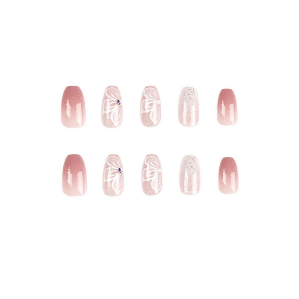 24 Weiße Sargnägel mit Schmetterling – Pink French Press On Nails