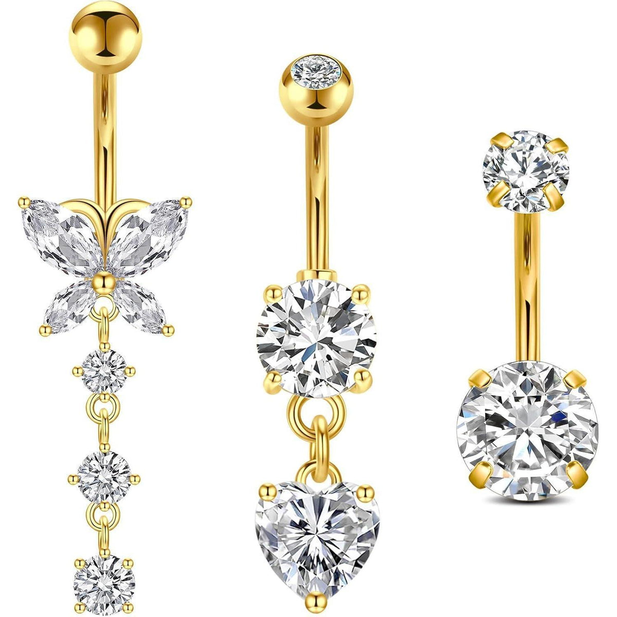 3er Set Bauchnabelpiercing 10mm Chirurgenstahl Herz Schmetterling B-Gold