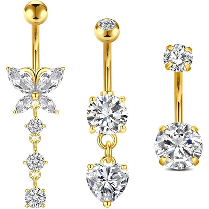 3er Set Bauchnabelpiercing 10mm Chirurgenstahl Herz Schmetterling B-Gold