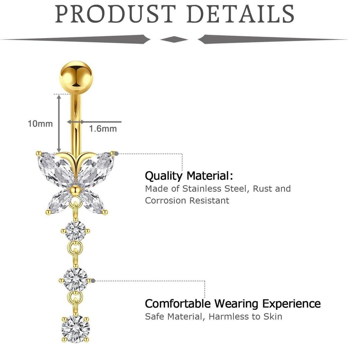 3er Set Bauchnabelpiercing 10mm Chirurgenstahl Herz Schmetterling B-Gold