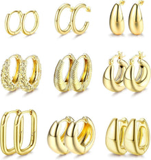 Gold Creolen Ohrringe Set Damen 9x 14K Vergoldet Hypoallergen Chunky
