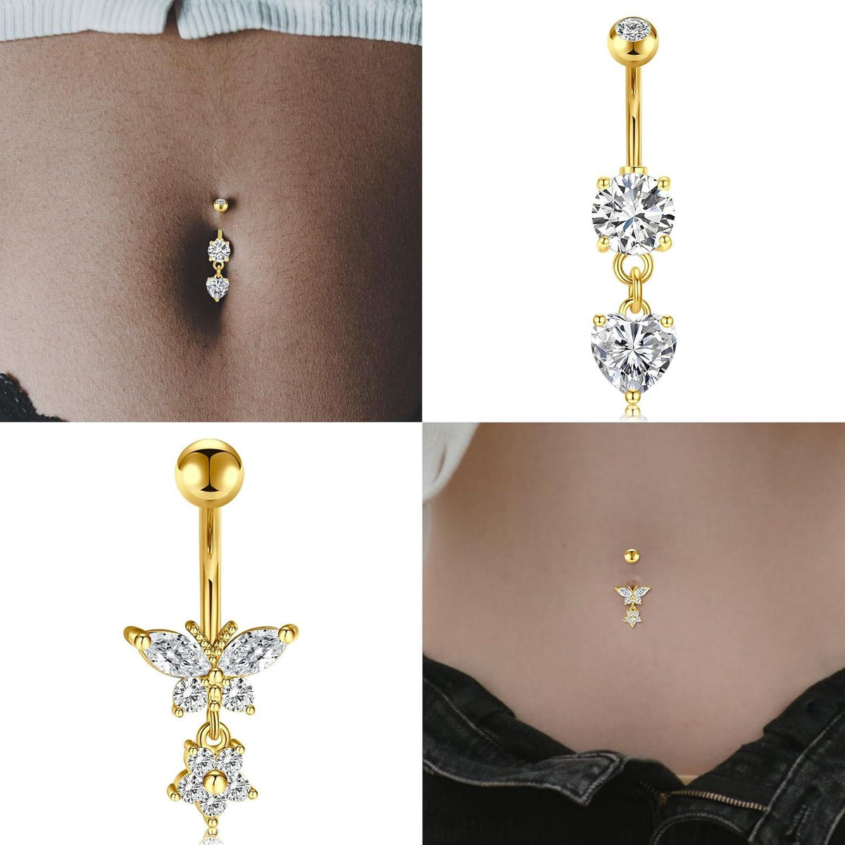 Chirurgenstahl Bauchnabelpiercing 14G Set Herz Kristall Gold