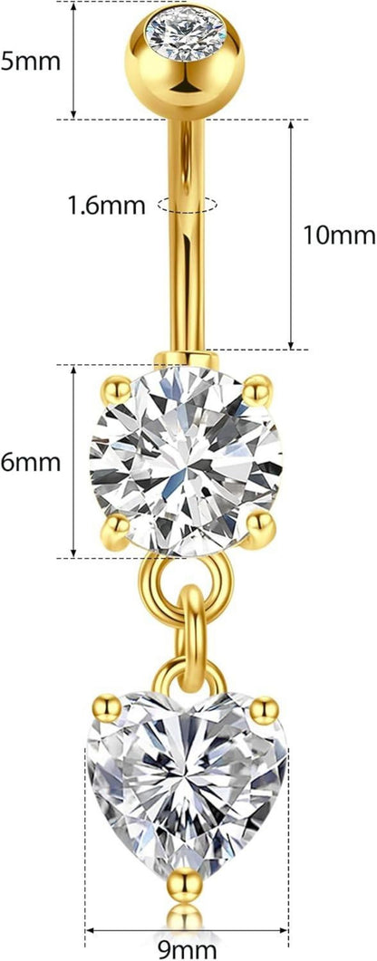 14G Bauchnabelpiercing Herz Kristall Gold Silber Zirkonia Set
