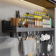 Gewürzregal Wand ohne Bohren 8 Haken 2 Hängebecher 50cm Schwarz