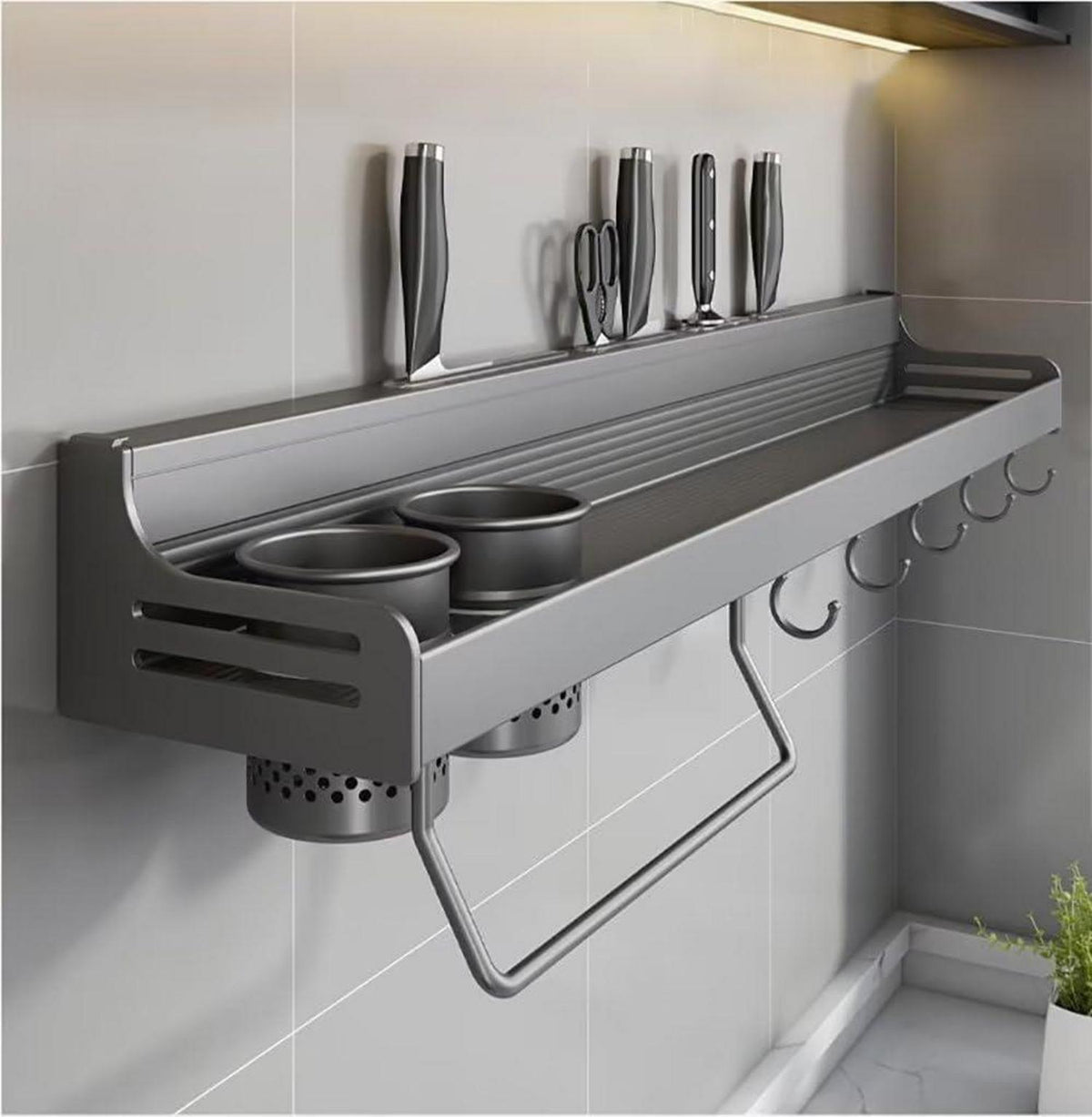 COITROZR Gewürzregal Küchenregal Wand ohne Bohren 8 Haken 2 Hängebecher 50cm Grau