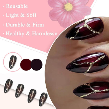 24 Mandel Falsch Nägel Dunkelrot Französisch Glänzend Press On Nails