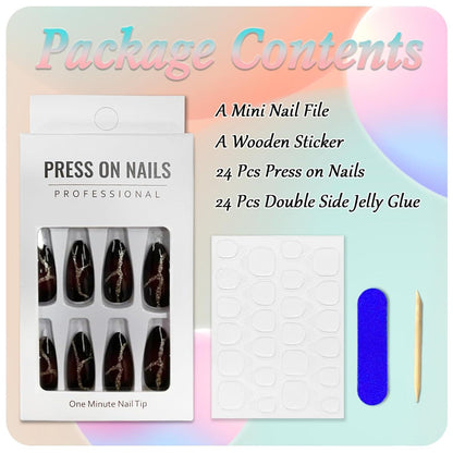24 Mandel Falsch Nägel Dunkelrot Französisch Glänzend Press On Nails