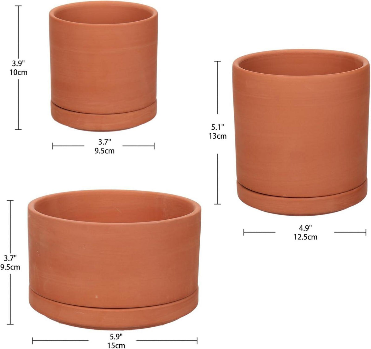 3er Set Terrakotta Tontöpfe mit Abflussloch für Sukkulenten